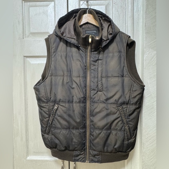 Vintage Structure Men’s Large Brown Nylon Puffer Vest Plaid Hooded Zip Pockets - Picture 1 of 11